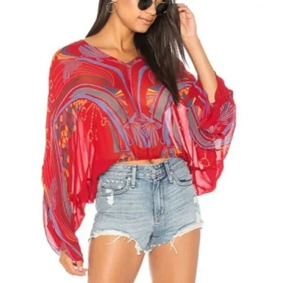 Free People Boho Red Kimono Sleeve Beneath The Sea Blouse Top S - Picture 3 of 5